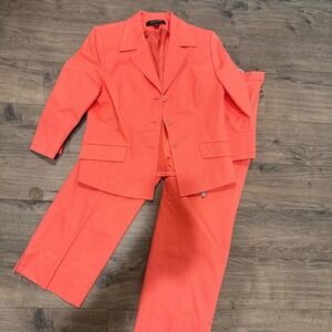 Kasper Pant Suit Women 12P Coral Good Textured Blazer Trousers Scarf Belt